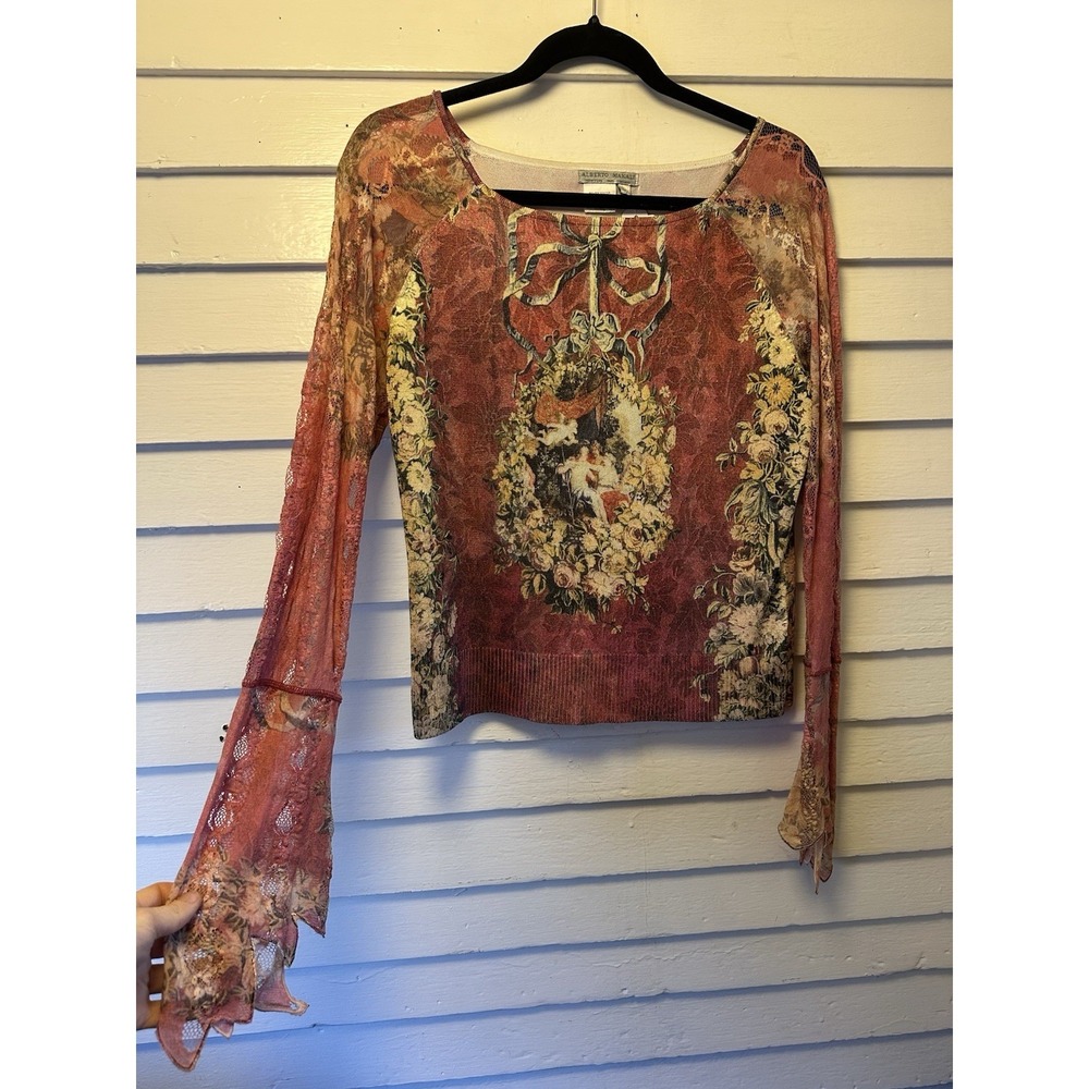 Vintage 90s Alberto Makali Cherub Paisley Bell Sleeve Whimsygoth Lace Top L